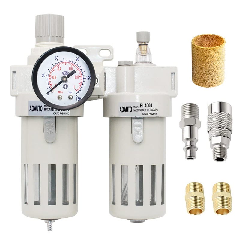 AOAUTO 1/2" NPT Compressed Air Filter Regulator Lubricator Combo,Air Tool Compressor Filter with Gauge(0-150PSI),Air Dryer for Compressor,Water/Oil Trap Separator(Manual Drainage) - Image 1